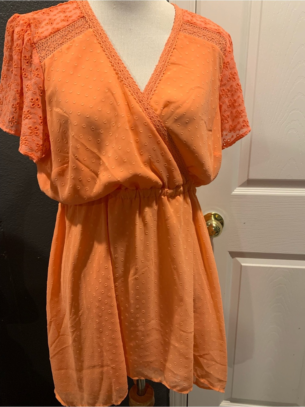 Sunrise Coral Orange Eyelet Wrap-Front Mini Dress